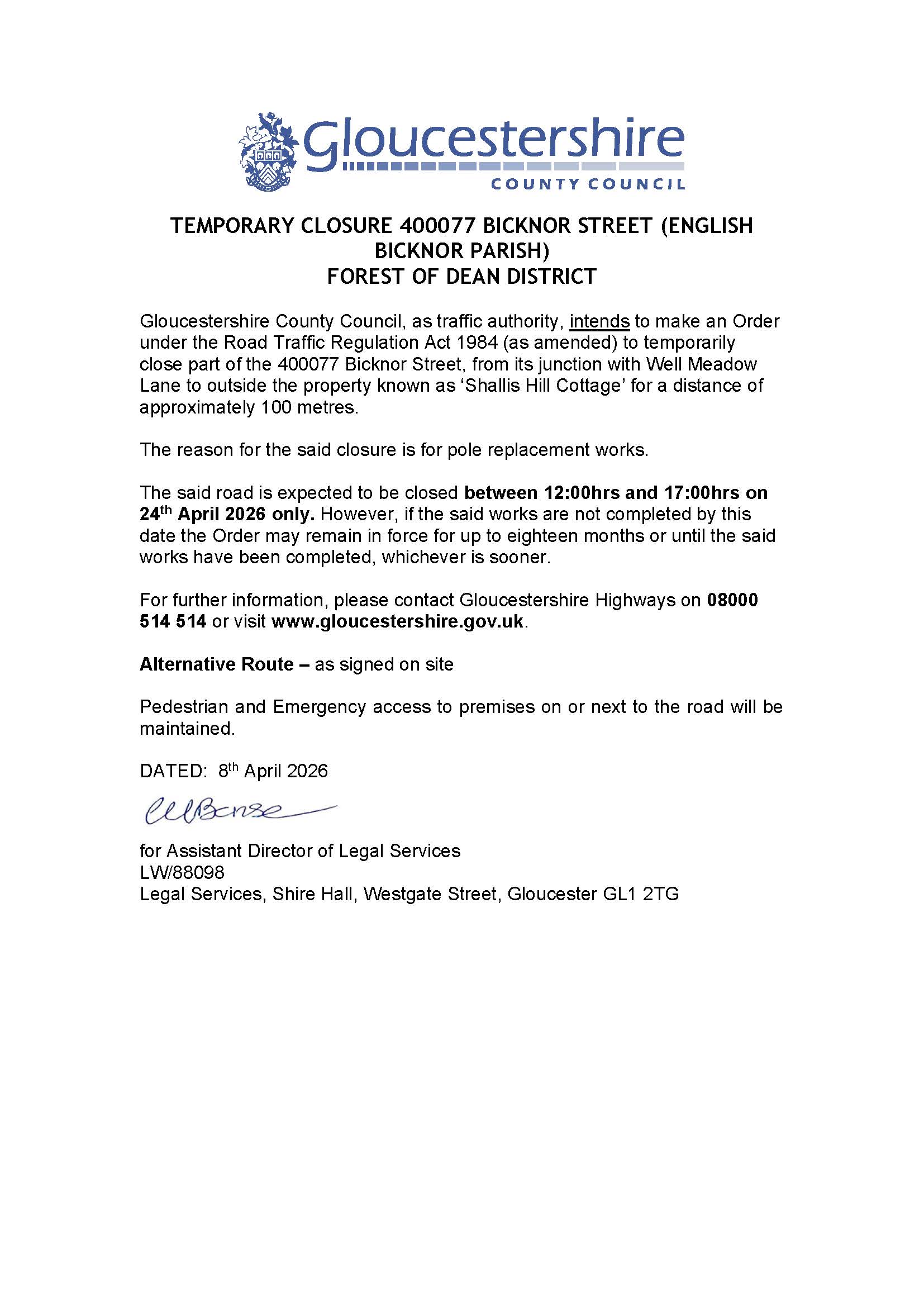 Temporary Closure Bicknor Street. 24th March 2026 12-5pm. 